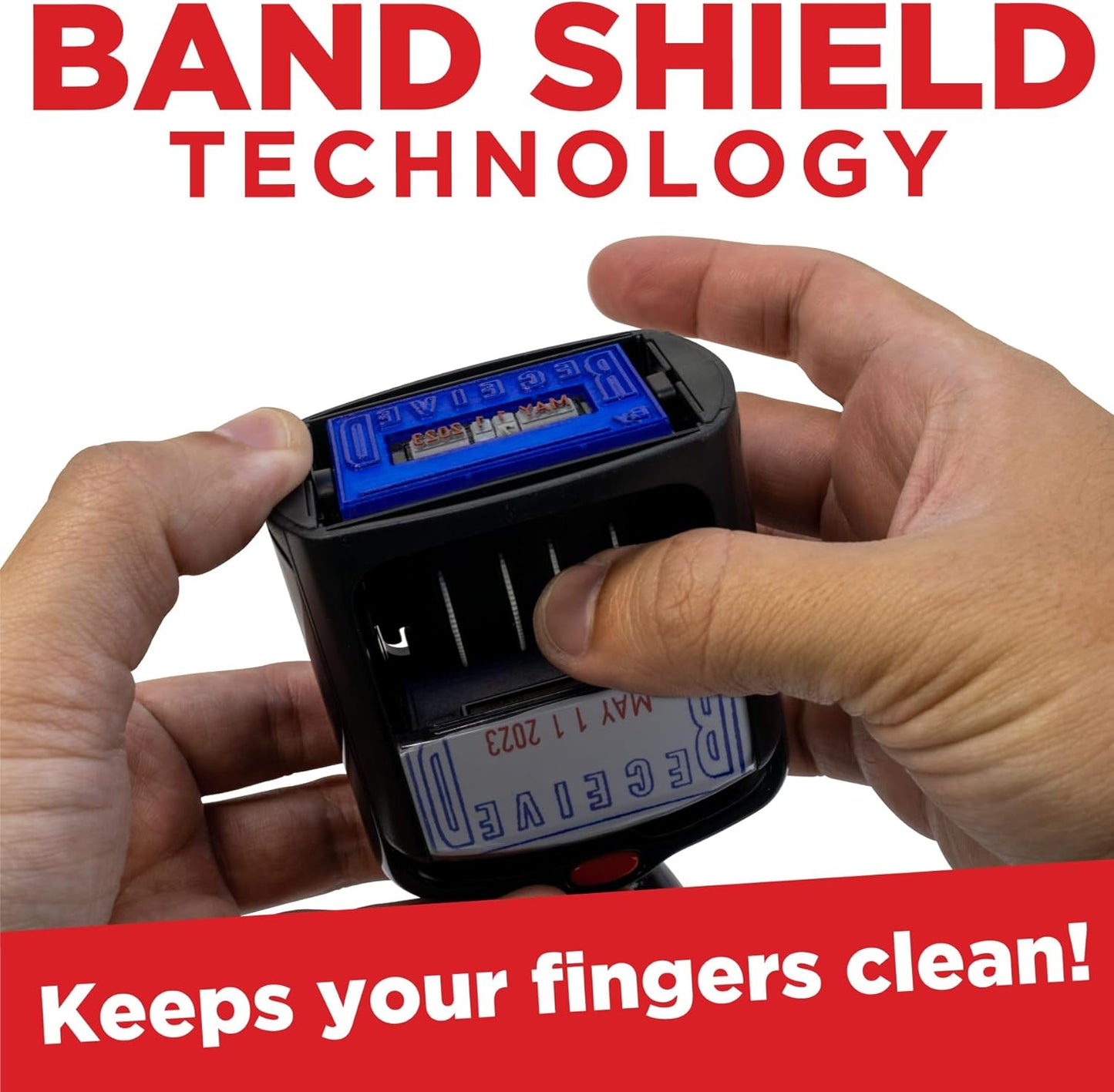 Self-Inking Rubber Date Office Stamp with Scanned Phrase - Red Ink - 12-Year Band