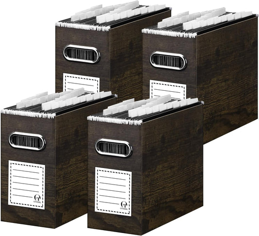 Oterri File Organizer - Small Cardboard Storage Box, Collapsible and Portable With Handle for Letter Size Files, Hanging Folder Box (Brown Wood Grain Print, Letter Size - 4 Packs)