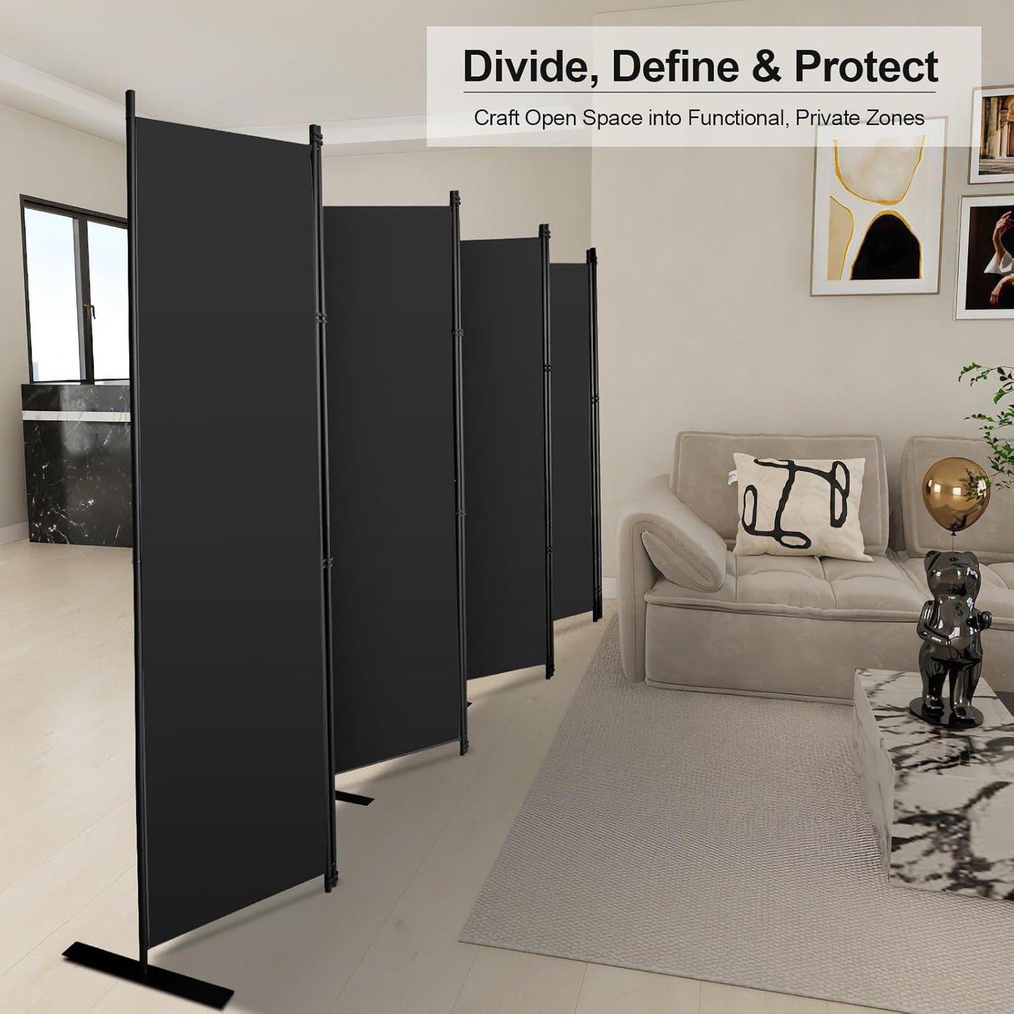 MAYOLIAH 8-Panel Black Room Divider 6ft Tall Folding Privacy Screen Portable Office Partition 160" W X 72" H