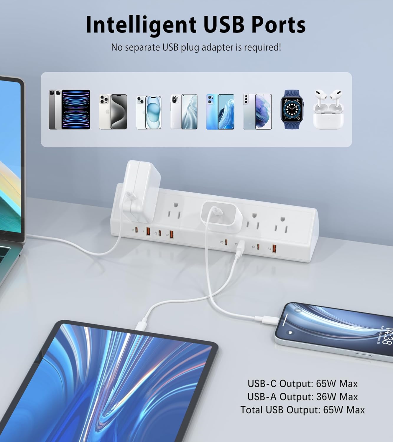 Desk Clamp Power Strip 65W Fast Charging Station,4 PD USB-C,5 Outlets,Nightstand Desk Edge Mount Tower Surge Protector,15 Amp Heavy Duty Power Strip,Fits 1.96" Tabletop Edge (White, 10 FT Cable)