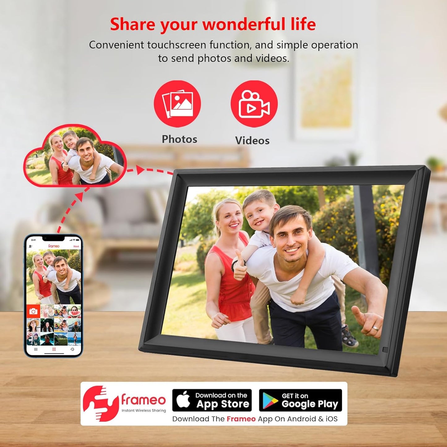 FRAMEO 15.6 inch Digital Picture Frame,Large WiFi Photo Frame 32GB,FHD IPS Touch Screen, Wall-Mounted,Share Photo/Video, Living Room Elderly Parents Birthday