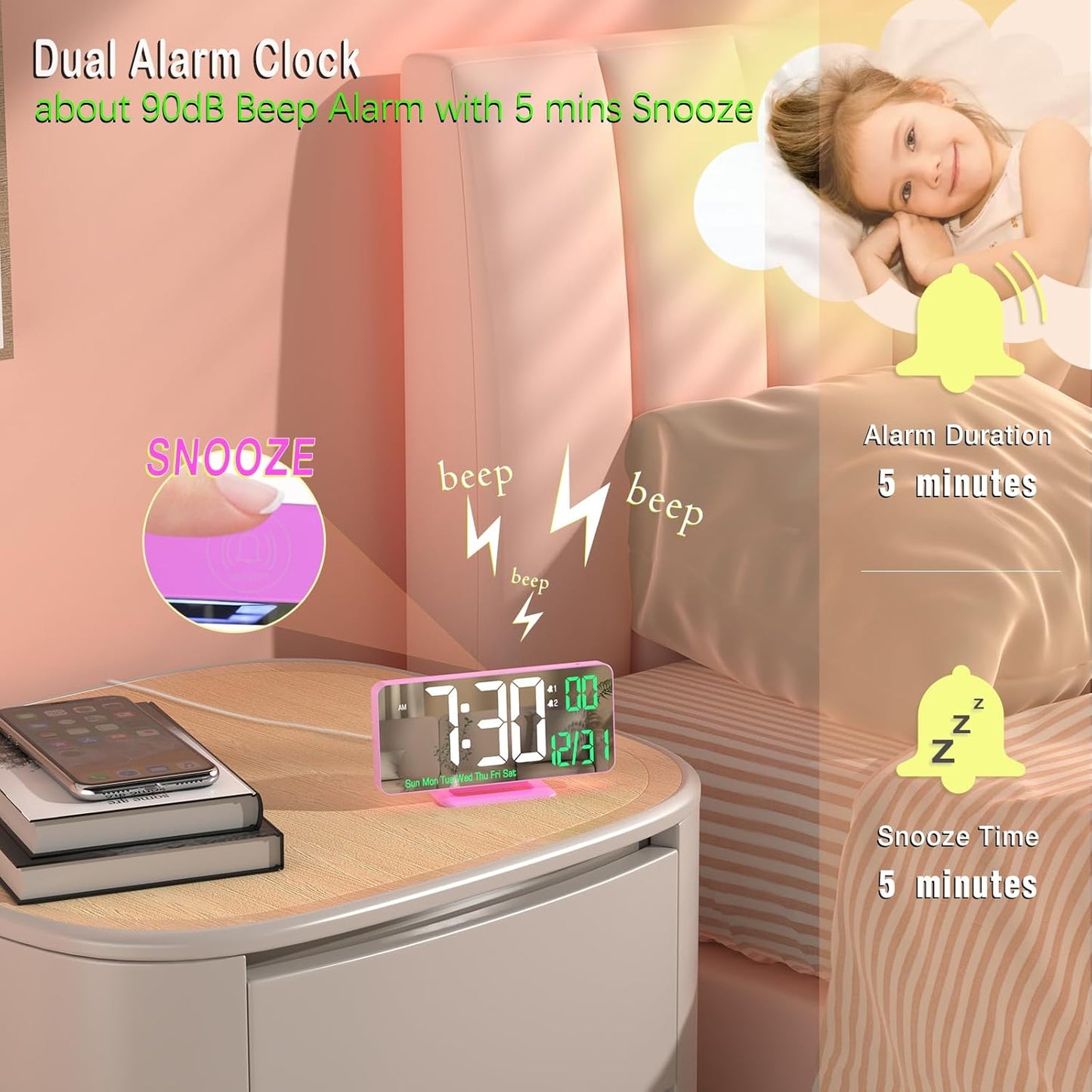 KOSUMOSU Pink Digital Clock 6.7in Desk Clock with Dual Alarm Clock, Dimming, 12/24h, Date, Day of Week, Temp, Digital LED Clock, Alarm Clock for Table, Digital Calendar Table Clocks for Bedrooms