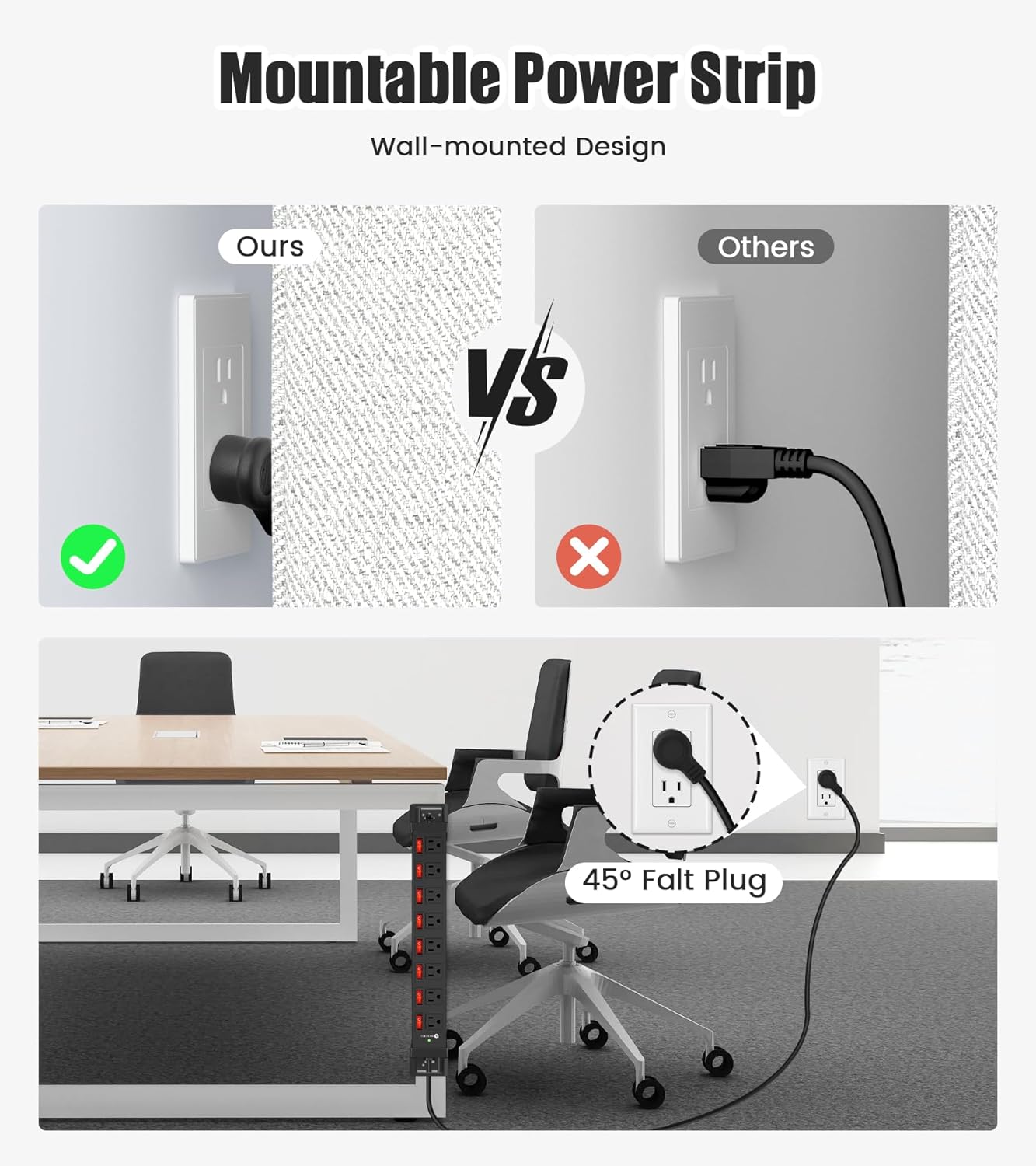 Heavy Duty Power Strip with Individual Switches,8 Outlets 14 Gauge Industrial Shop Garage Metal Multiple Outlets,1200J Surge Protector Mountable Power Strip (Black, 25 FT)