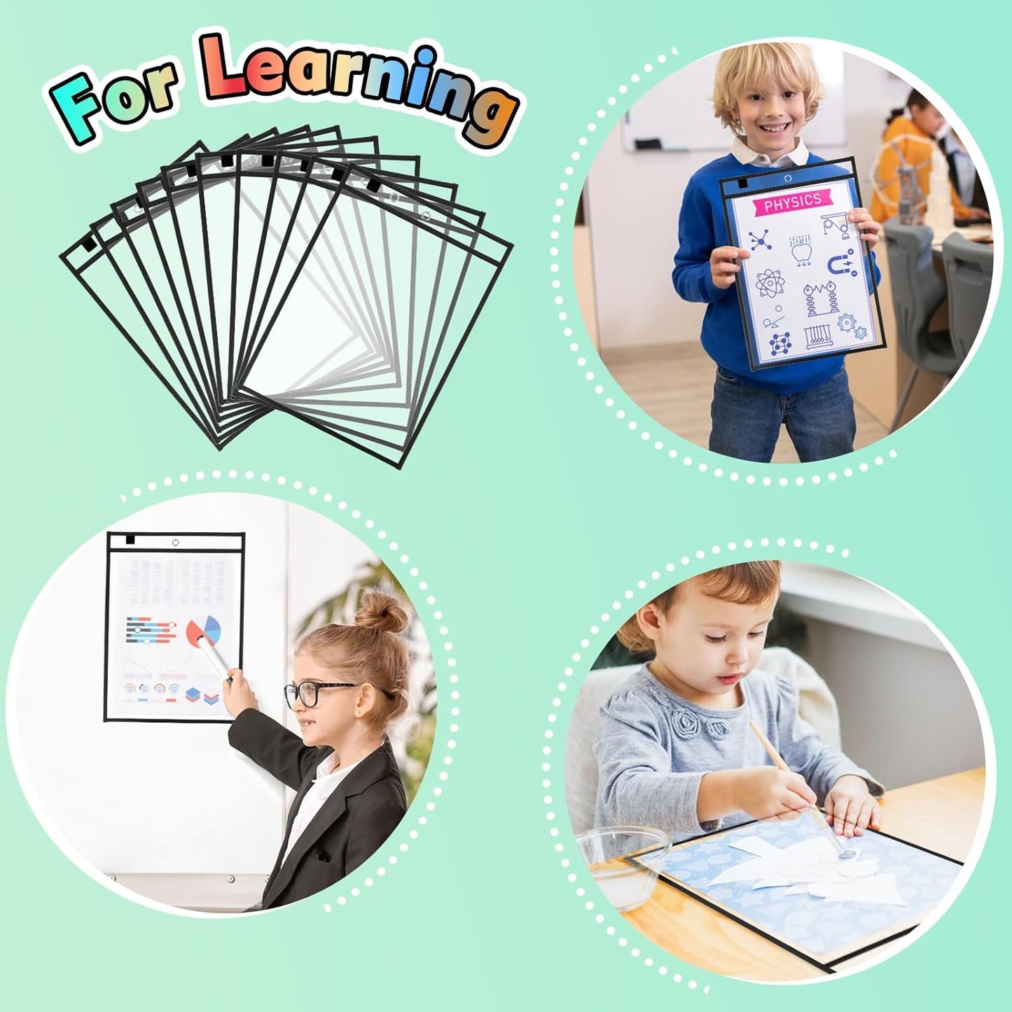 50 Packs Dry Erase Pocket Sleeves with 2-Ring, Reusable Clear Plastic Classroom Sleeves, 10x14 Inch Ticket Holders, Plastic Sleeves for School/Office Organization