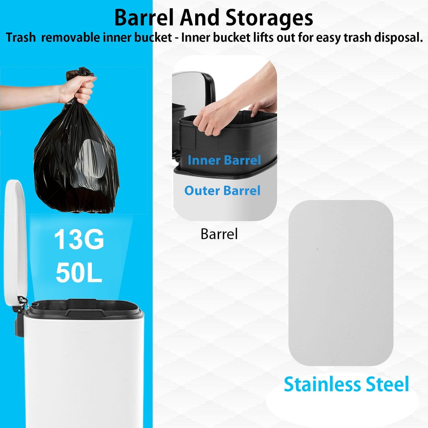 PayLessHere Stainless Steel Trash Can with Lid - Removable Inner Bucket, Foot Pedal Soft Close for Office, Home, Kitchen (White, 13 G)