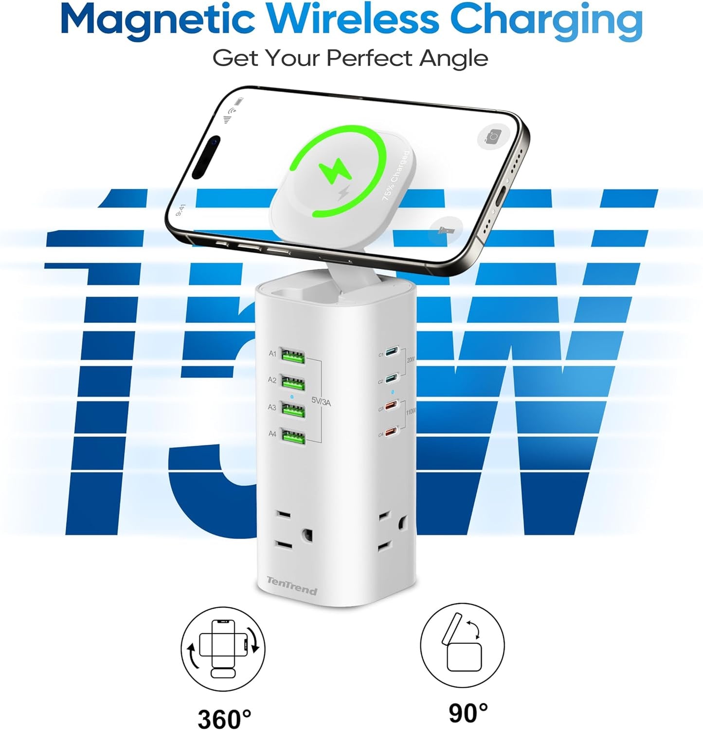 Tower Power Strip Surge Protector with 3 AC Outlets & 8 USB Ports (4 USB-C), TenTrend 160W Fast Charging Station, 5 FT Flat Plug Extension Cord with Multiple Outlets for Home Office Dorm Room