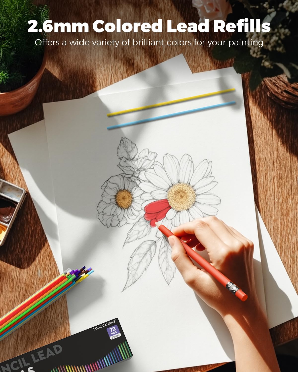 Four Candies 2.6MM Color Lead, Mechanical Colored Pencils Leads, 36 Color Pencils Refills, Assorted Colored Leads 72 PCS