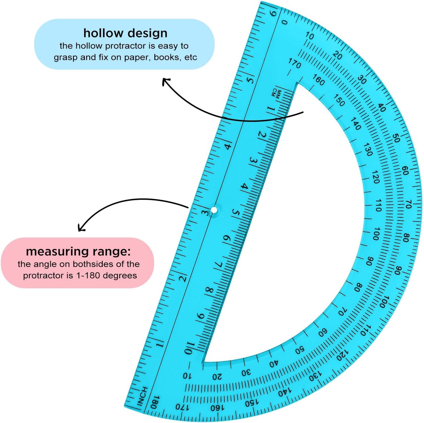 Zonon 2 Pcs 6 Inch Plastic Protractor Math Protractors 180 Degrees Angle Measurement, Translucent for Geometry Classroom Kid Student School Office Supplies(Pink, Blue)
