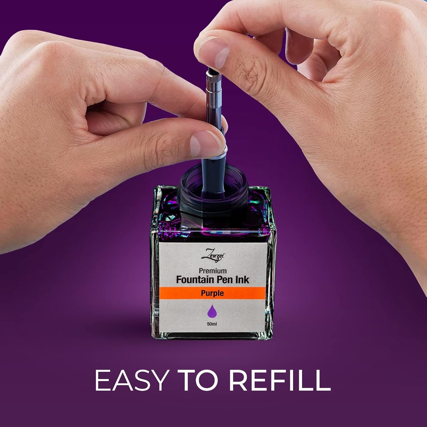 ZenZoi Fountain Pen Ink Bottle 50ml | Premium Designed Bottled Ink for Fountain Pens – Suitable for Calligraphy and All Branded Pens | Quick Drying and Smooth Flow Writing Experience (Purple)