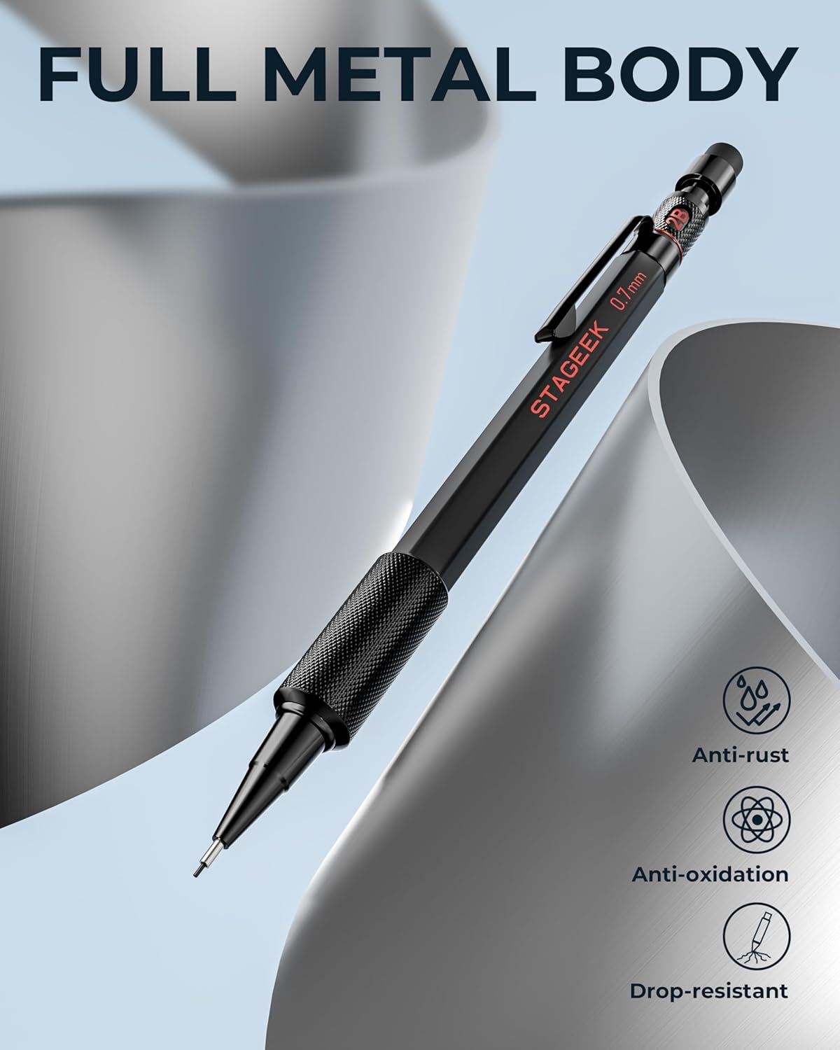 0.7mm Mechanical Pencil Set, 3PCS Metal Mechanical Pencils 0.7mm with 6 Tubes HB & 2B Lead Refills,Erasers, Weatherproof Artist Pencils with Case for Outdoor Writing Drafting Drawing