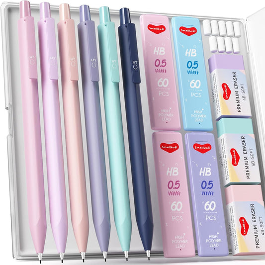 6PCS 0.5mm Mechanical Pencils Set with Case, Cute Pastel Mechanical Pencil with 240PCS HB Lead Refills, 3 Erasers, Aesthetic Back to School Supplies for Student Writing Drawing Sketching