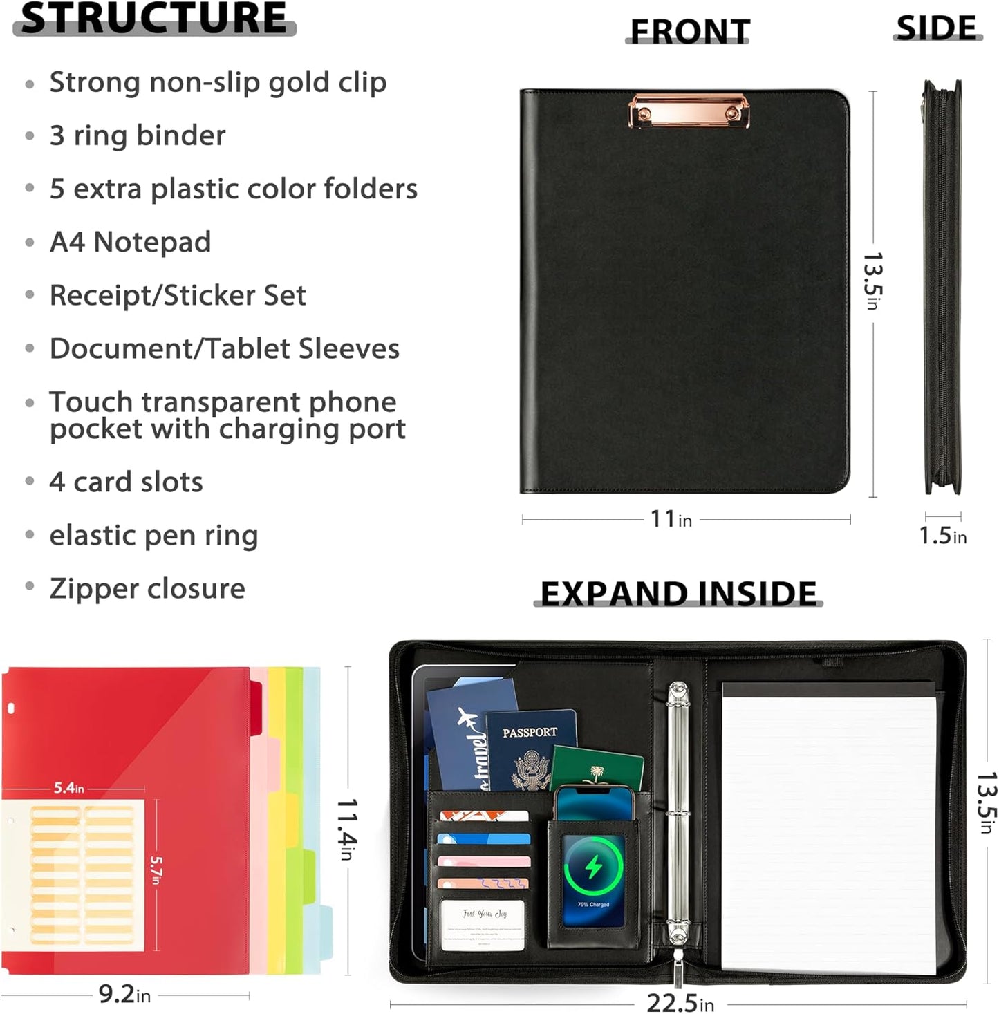 Leather Clipboard with Storage, Zippered Padfolio Portfolio Organizer, 3 Ring Binder 1 Inch, Notepad, Tablet Sleeve, 5 Dividers with Pocket, Stickets for Office, Nurses, Students, Teachers Black