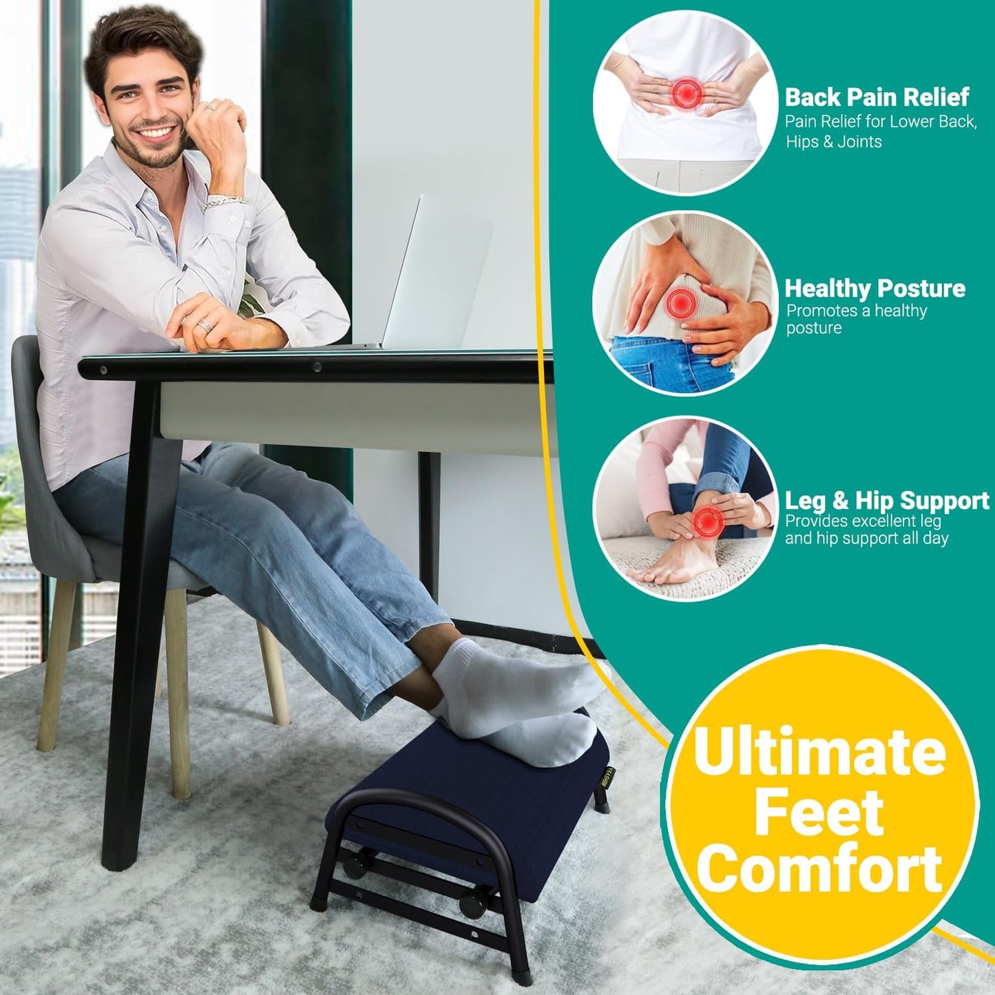 Foot Stool Underdesk Footrest with 3 Adjustable Heights, Under Desk Foot Rest for Car, Home and Office, Office Desk Accessories