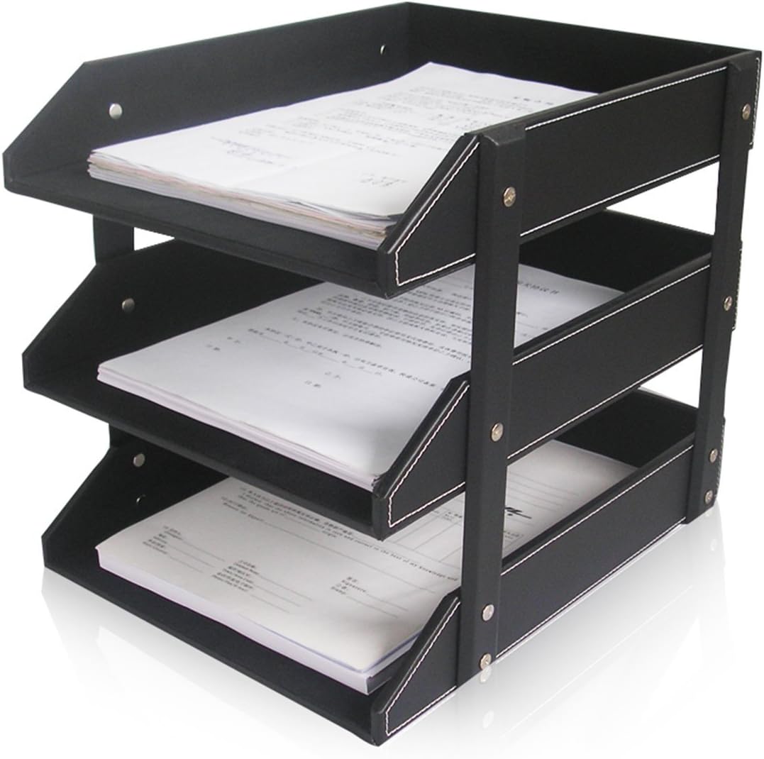 KINGFOM Pu Leather Desk Organizers and Accessories, 8 PCS/SET Office Supplies Organization with Magazine Files Holder, Stackable Paper Tray, Desktop Organizers with Drawer for Home Office School Black