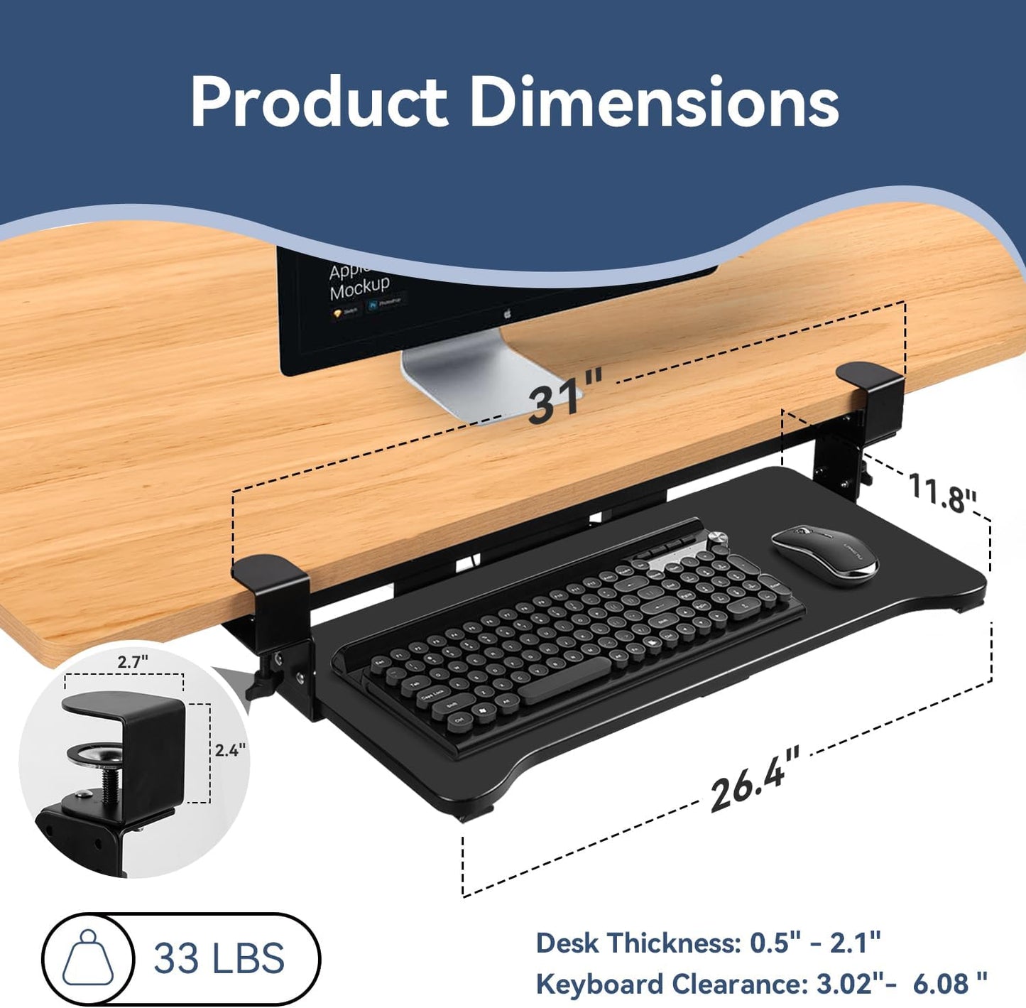 VUSIGN Keyboard Tray Under Desk Height Adjustable,Pull Out with Adjustable C Clamp Mount System for L-Shaped Tables, Extra Sturdy, 26.4” x 11.8” Slide-Out Platform Computer Drawer for Typing, Black