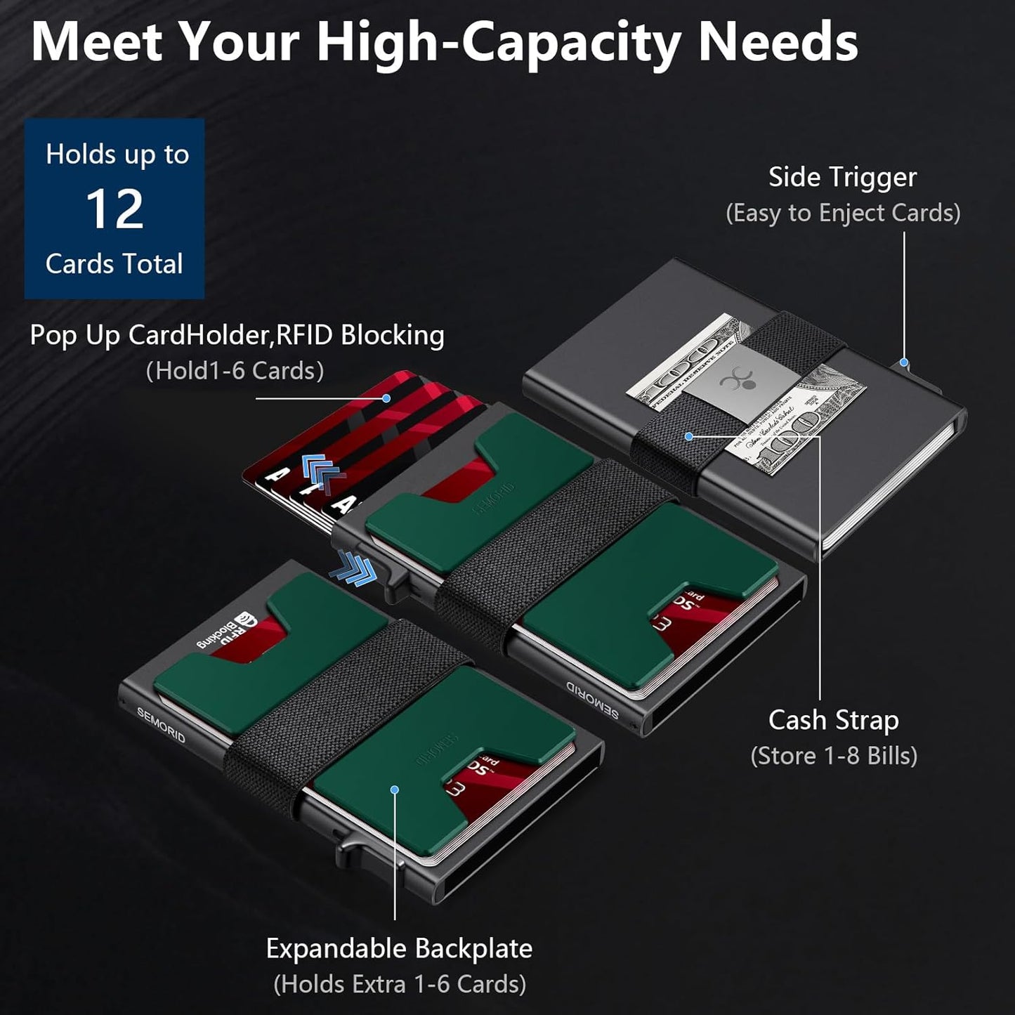 Slim Aluminum Card Holder Wallet for Men, Durable Expandable Backplate, RFID Blocking Minimalist Metal Pop Up Wallet, Holds 12+ Cards Plus Cash