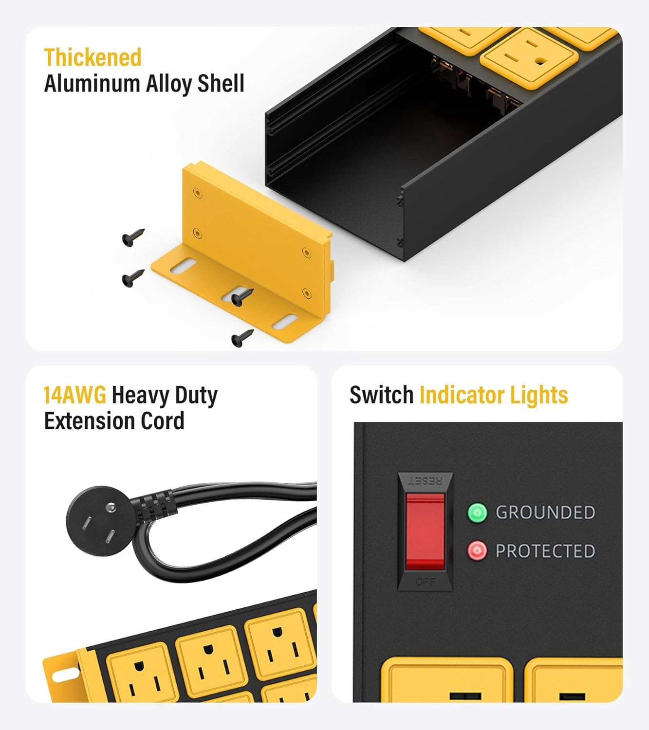 HHSOET 2 Pack Heavy Duty Power Strip 8 Outlets, Metal Wall Mount Outlet Strip 4800J Surge Protector, Garage Shop Under Desk Mountable 10FT Extension Cord Plug.