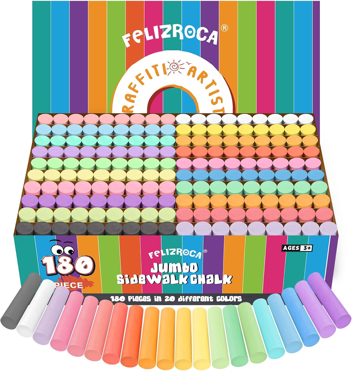 180PCS Sidewalk Chalks Set in 20 Colors, Non-Toxic, Washable Jumbo Outdoor Chalk for Kids, Pavement Chalk