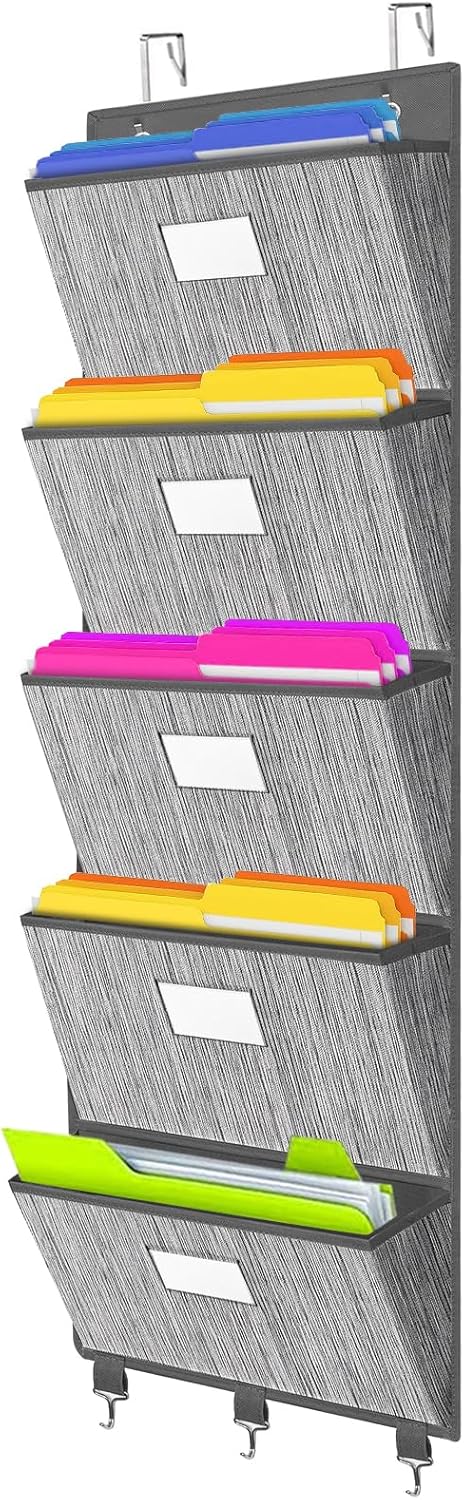 homyfort Over the Door File Organizer, Hanging File Folders, Wall Organizers and Storage for Mail, Magazine, Notebooks, Planners, Office, Classroom, 5 Extra Large Pockets, 50.39” Tall (Grey)