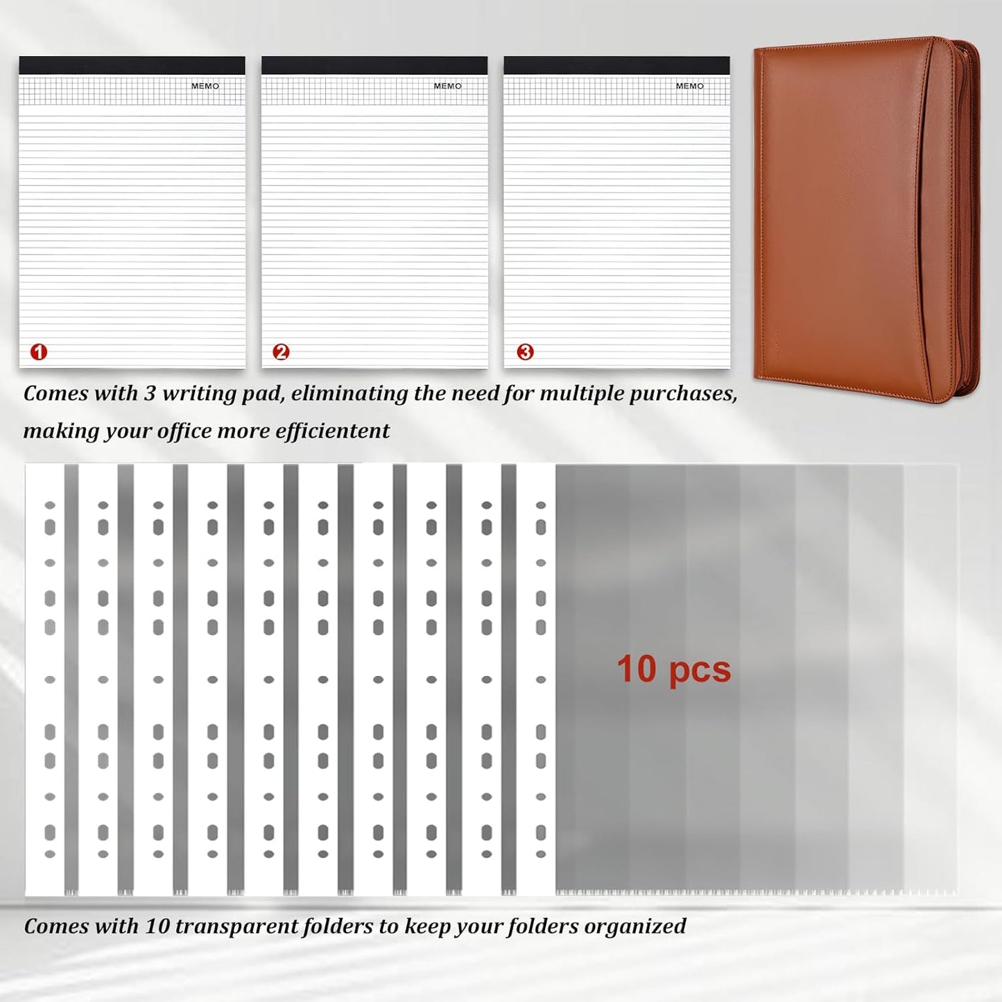 Leathario Portfolio Binder, Includes 10 Sheet Protectors and 3 Notepads, 3-Ring Folder Organizer, A4 Padfolio with Zipper, Vegan Leather Tablet Sleeve, Business Office Conference Clipboards