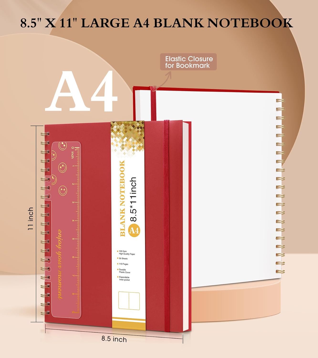 Blank Spiral Notebook Journal 8.5” x 11”, A4 Large Sketch Book for Women Men, 100 GSM Blank Paper Drawing Notebook, Plastic Hardcover Spiral Bound Sketchbook for Sketching Work School Writing, Red