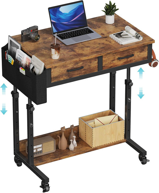 Small Portable Standing Rolling Desk - 32 Inch Adjustable Mobile Stand Up Teacher Desks with 2 Fabric Drawers on Wheels, Couch Sofa Side Laptop Table with Storage for Bedroom Home Office, Rustic Brown