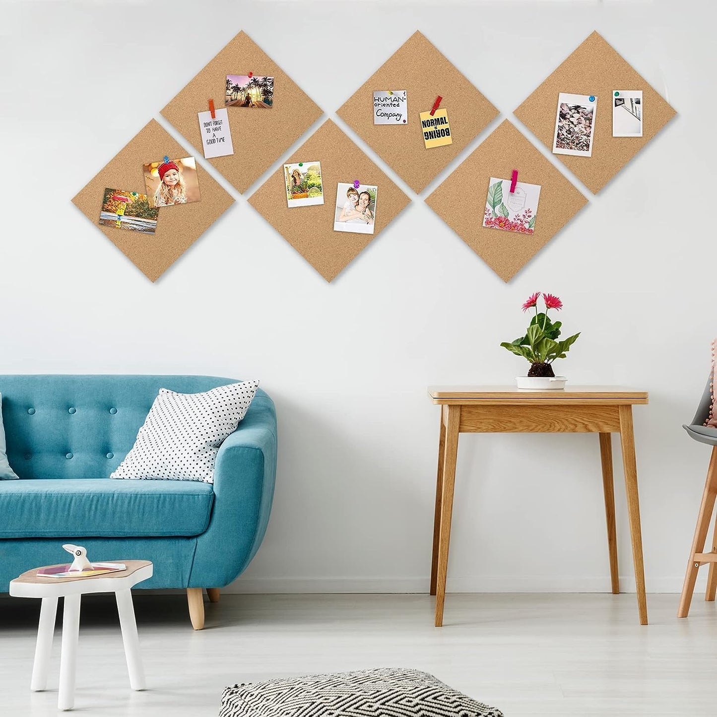 AKTOP Cork Board Bulletin Board 12x12, 1/2" Thick Cork Board Tiles 9 Pack, Small Square Pin Board for Wall, Self Adhesive Corkboards with 120 Push Pin Wood Clips for School, Home & Office