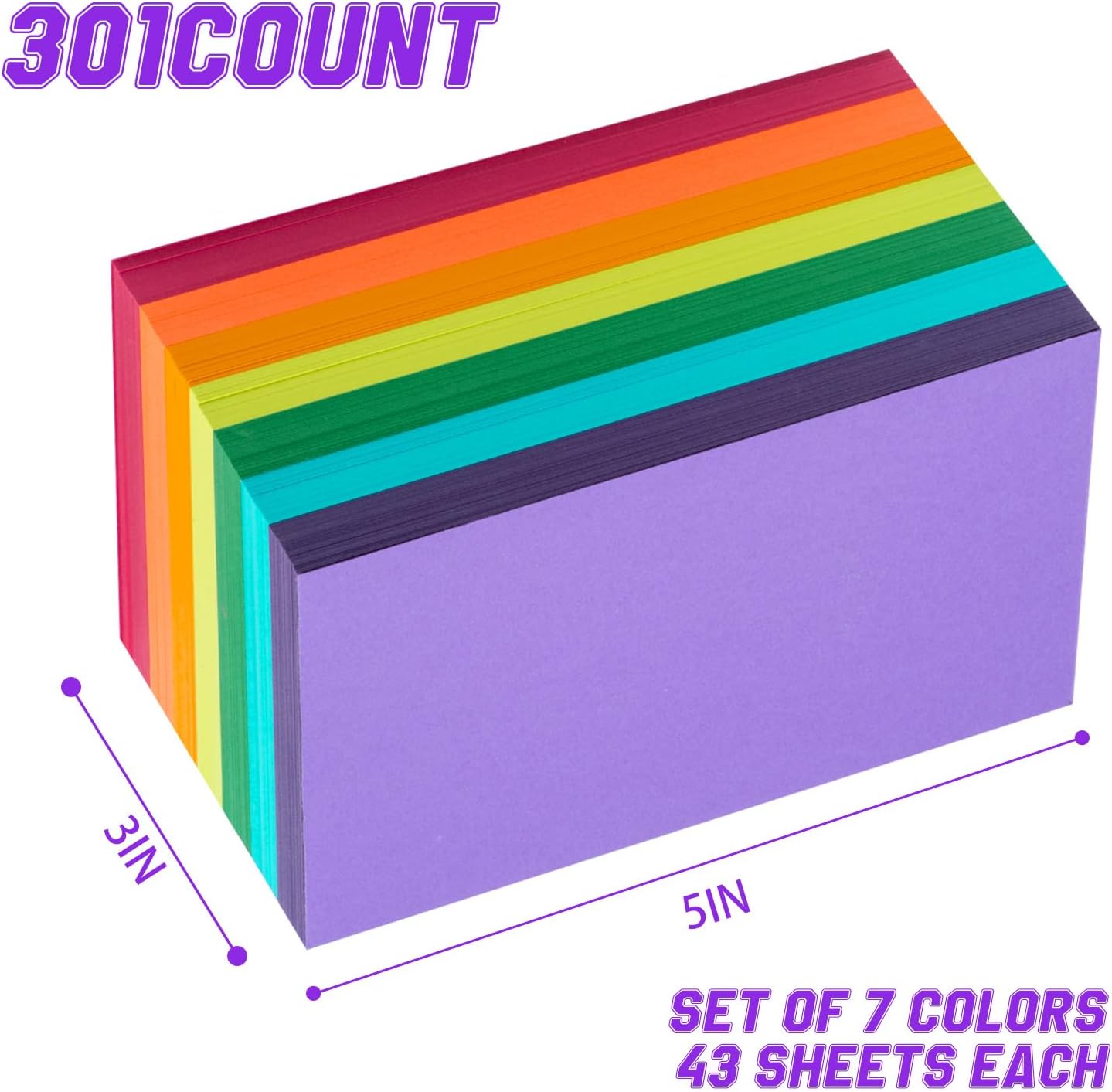 Index Cards 301-Count 3x5 Inch,178GSM Heavyweight Set of 7 Colors Paper Multicolor Study Cards (Rainbow)