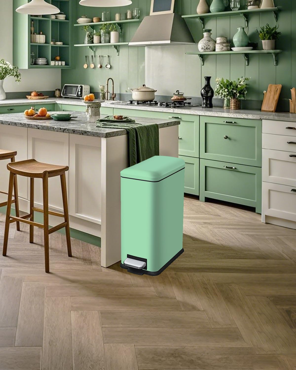 8 Gallon Slim Trash Can with Soft Close Lid, Stainless Steel Trash Can with Removal Inner Bucket, Hand -Free Trash Bin for Kitchen, Office, Laundry, Bathroom, 30 Liter Capacity, Green