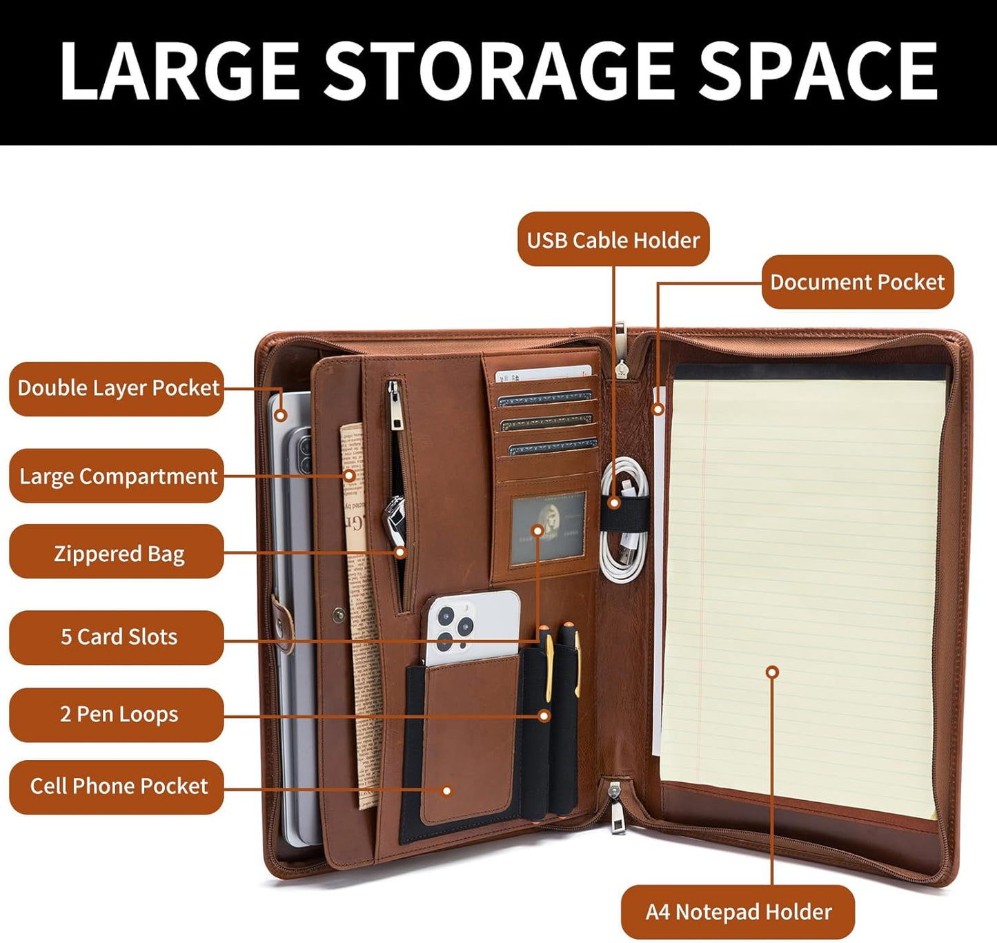 Genuine Leather Portfolio, Legal Size 8.5 x 14 Pad Holder, Business Padfolio for Men and Women, Zippered Laptop Organizer, Executive Professional Work Travel Notepad Folio, Brown, Oil Tanned