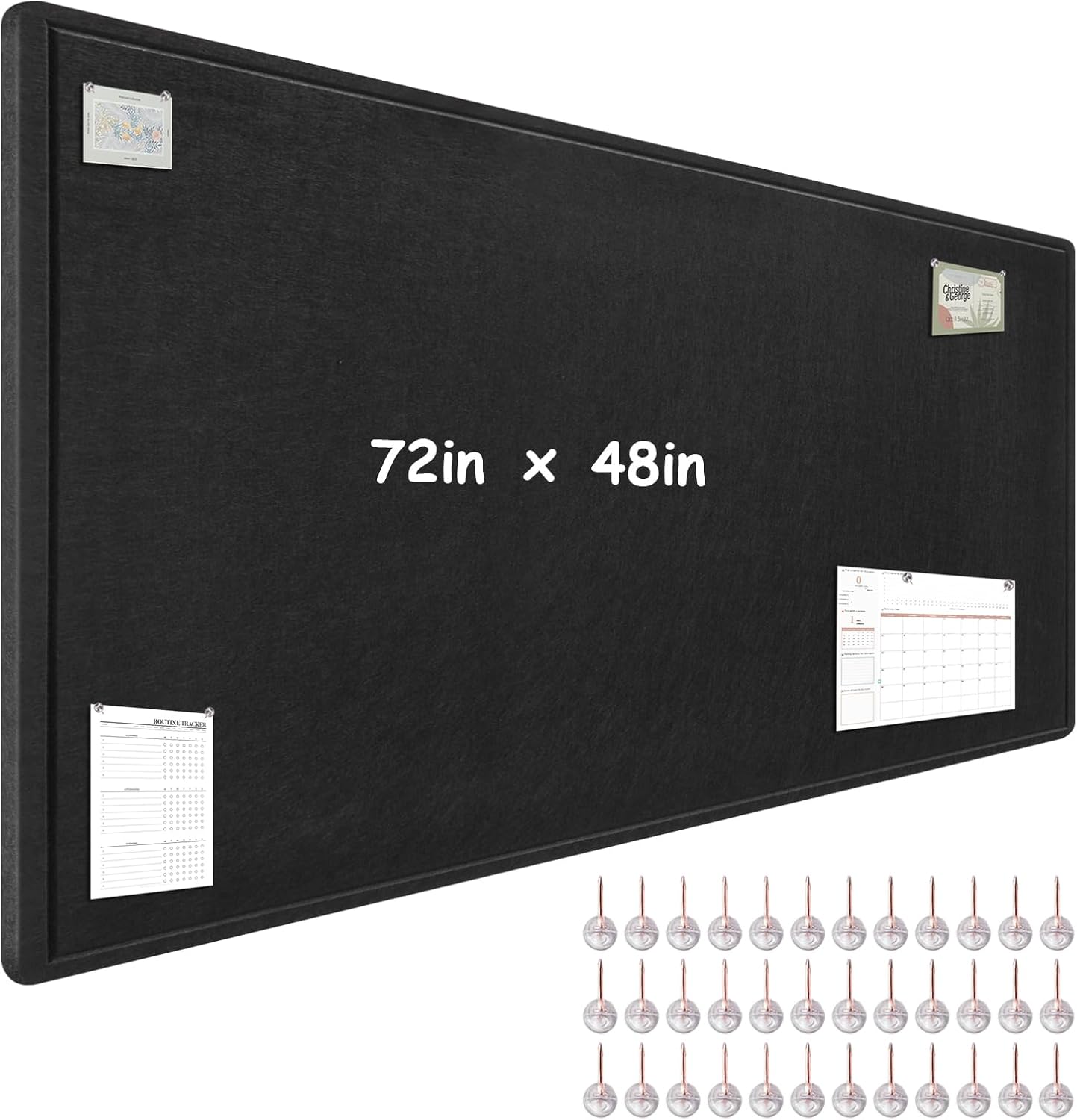 Large Bulletin Board - 72 x 48 Inches, Foldable Decorative Felt Board for Wall Photo Display Board with Self-Adhesive Tape, Includes 36 Push Pins - Black