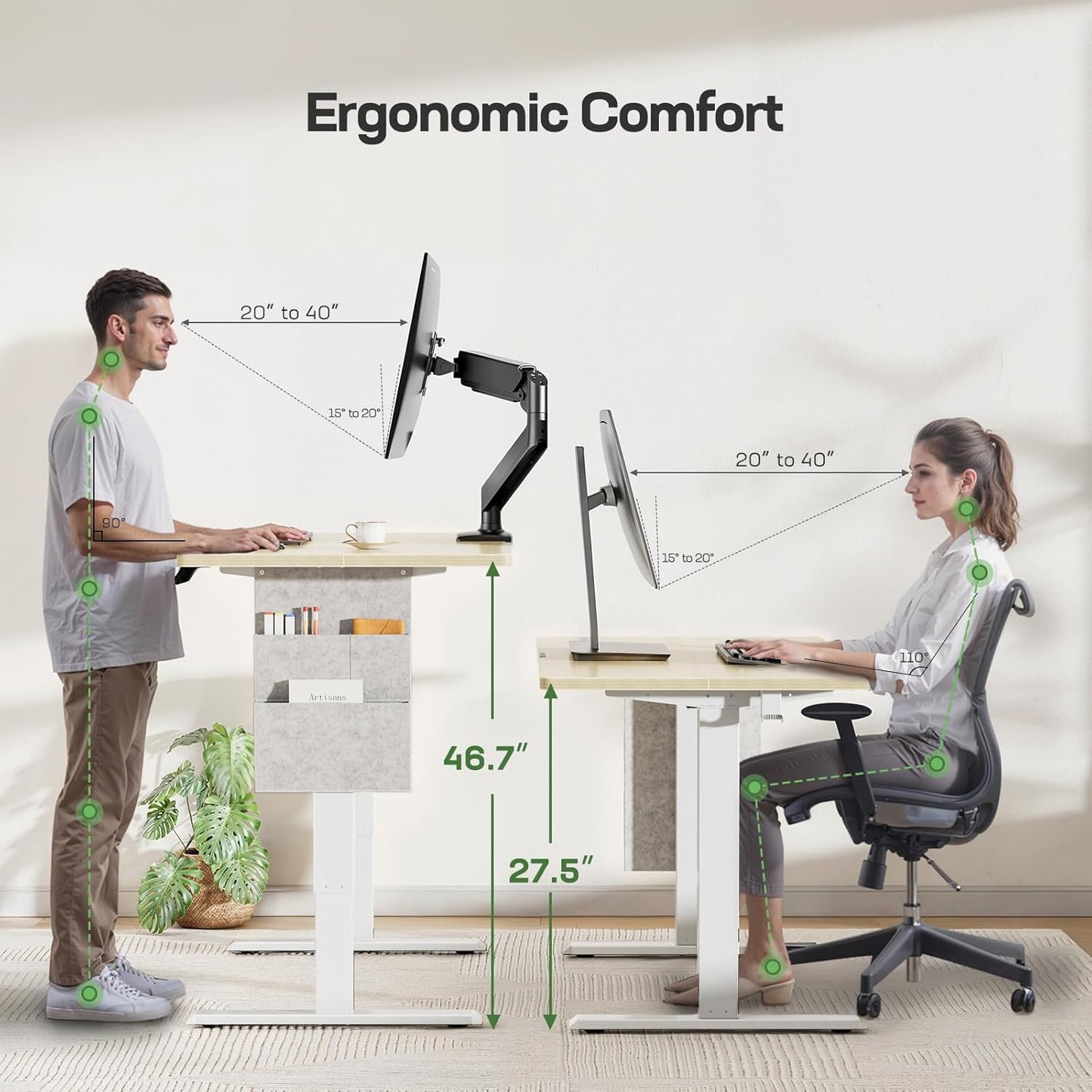 Marsail 48x24 Electric Standing Desk - Adjustable Height Computer Desk with Memory Presets, Storage Bag & Cable Management for Home Office & Gaming Workstations
