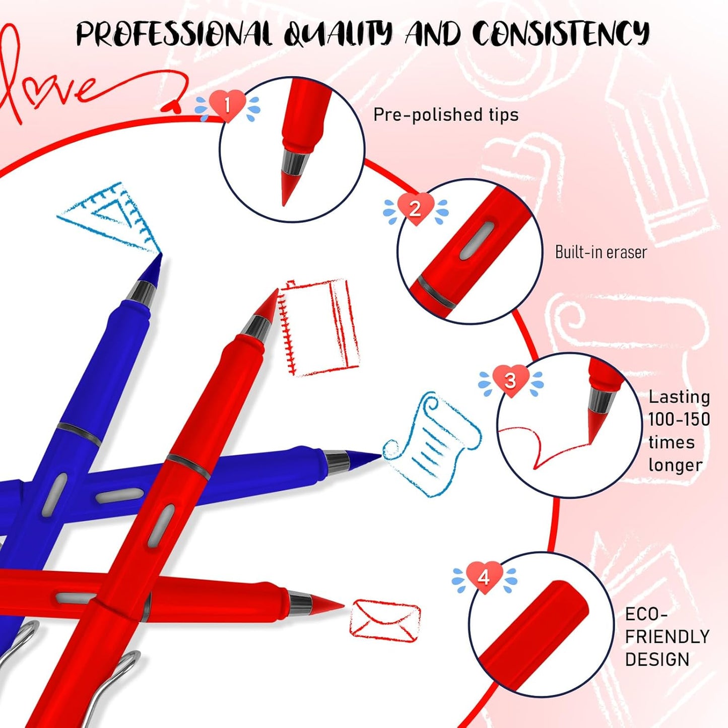 Everlasting Blue Checking Pencils - Medium Graphite Pencils with Erasers - 4 Pack