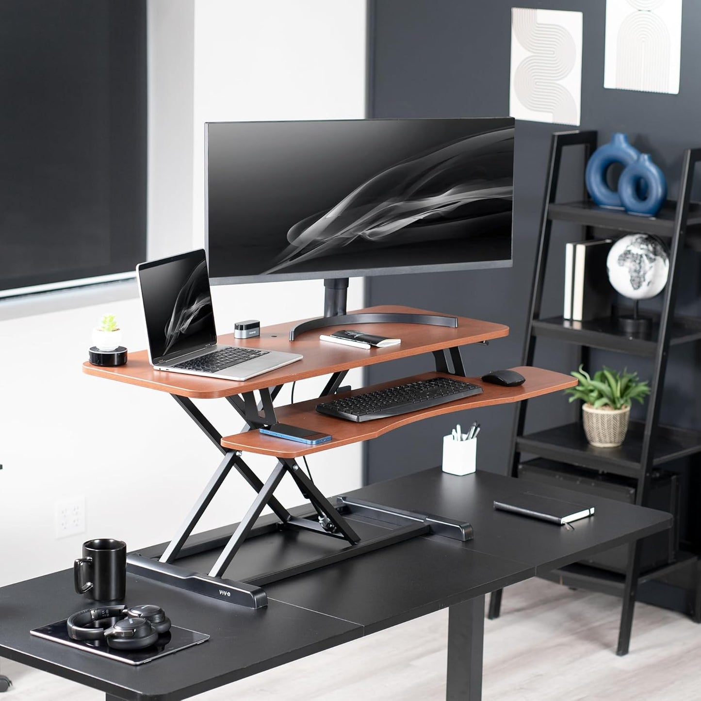 VIVO 42 inch Desk Converter, K Series, Height Adjustable Sit to Stand Riser, Dual Monitor and Laptop Workstation with Wide Keyboard Tray, Dark Walnut Top, Black Frame, DESK-V042KA
