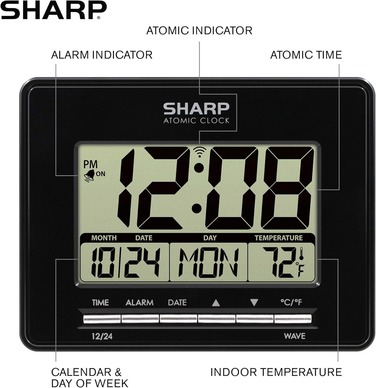Sharp Atomic Desktop Clock – Auto Set Digital Alarm Clock - Atomic Accuracy - Easy to Read Screen with Time/Date/Temperature Display- Perfect for Nightstand or Desk