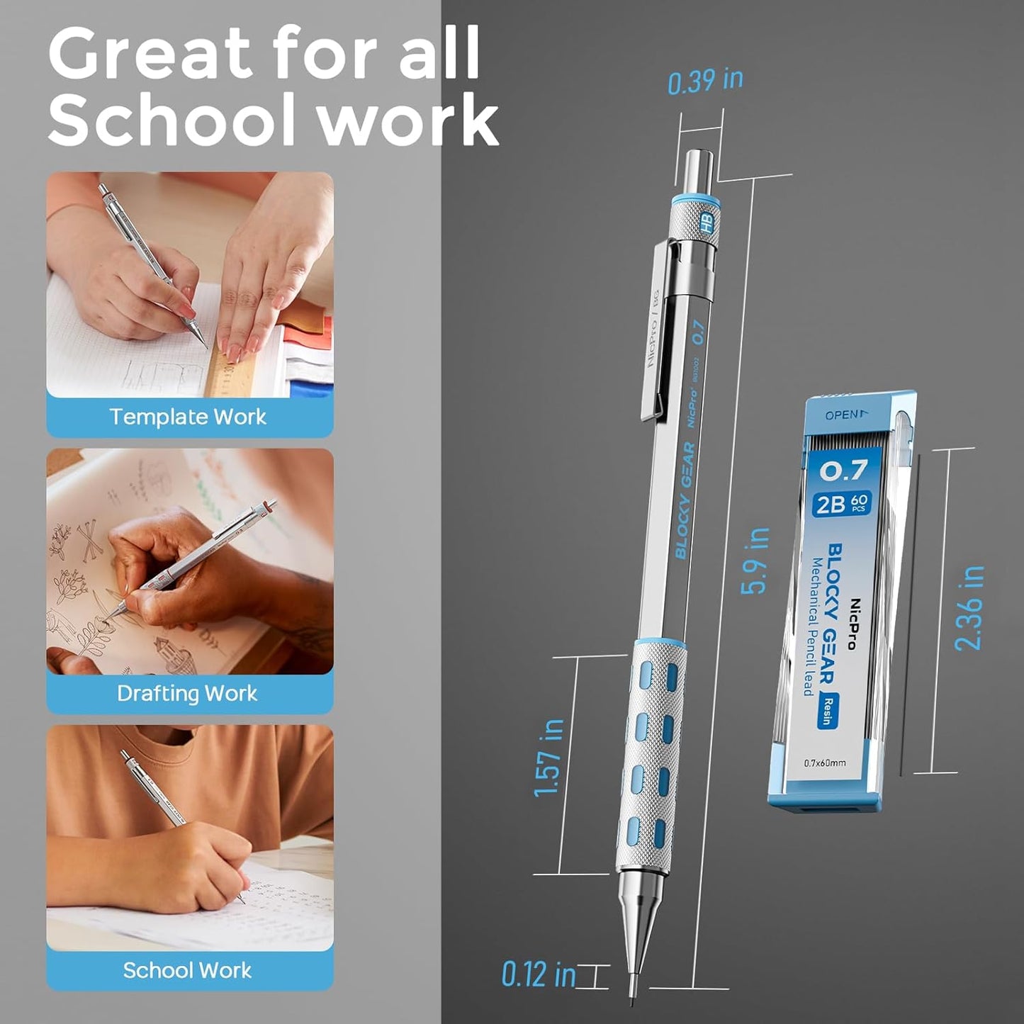 Nicpro 4 Pack Blocky Gear 0.3, 0.5, 0.7, 0.9 mm Metal Mechanical Pencils Set with Case, Lead Drafting Pencil with 8 Tube Lead Refills(HB 2B), Erasers, Eraser Refills for Art Writing Sketching Drawing