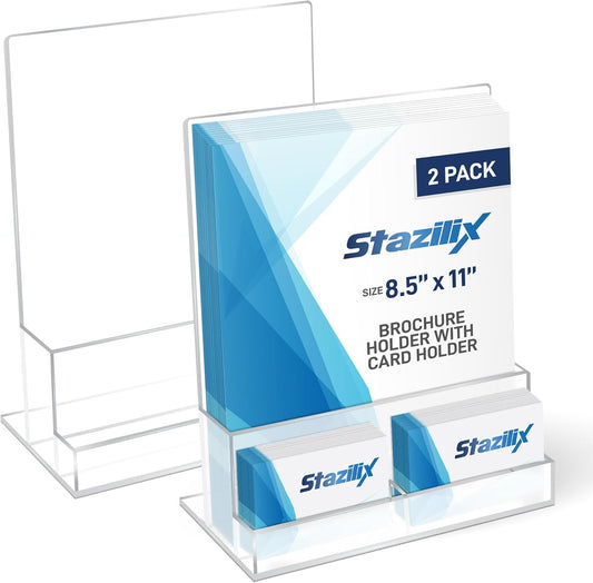 2 Pack Acrylic Flyer Holder 8.5 x 11 Clear Brochure Display Stand with Acrylic and Business Card Holder, Plastic Flyer Display Stand for Magazine, Pamphlet, Booklets, Menu, Journals