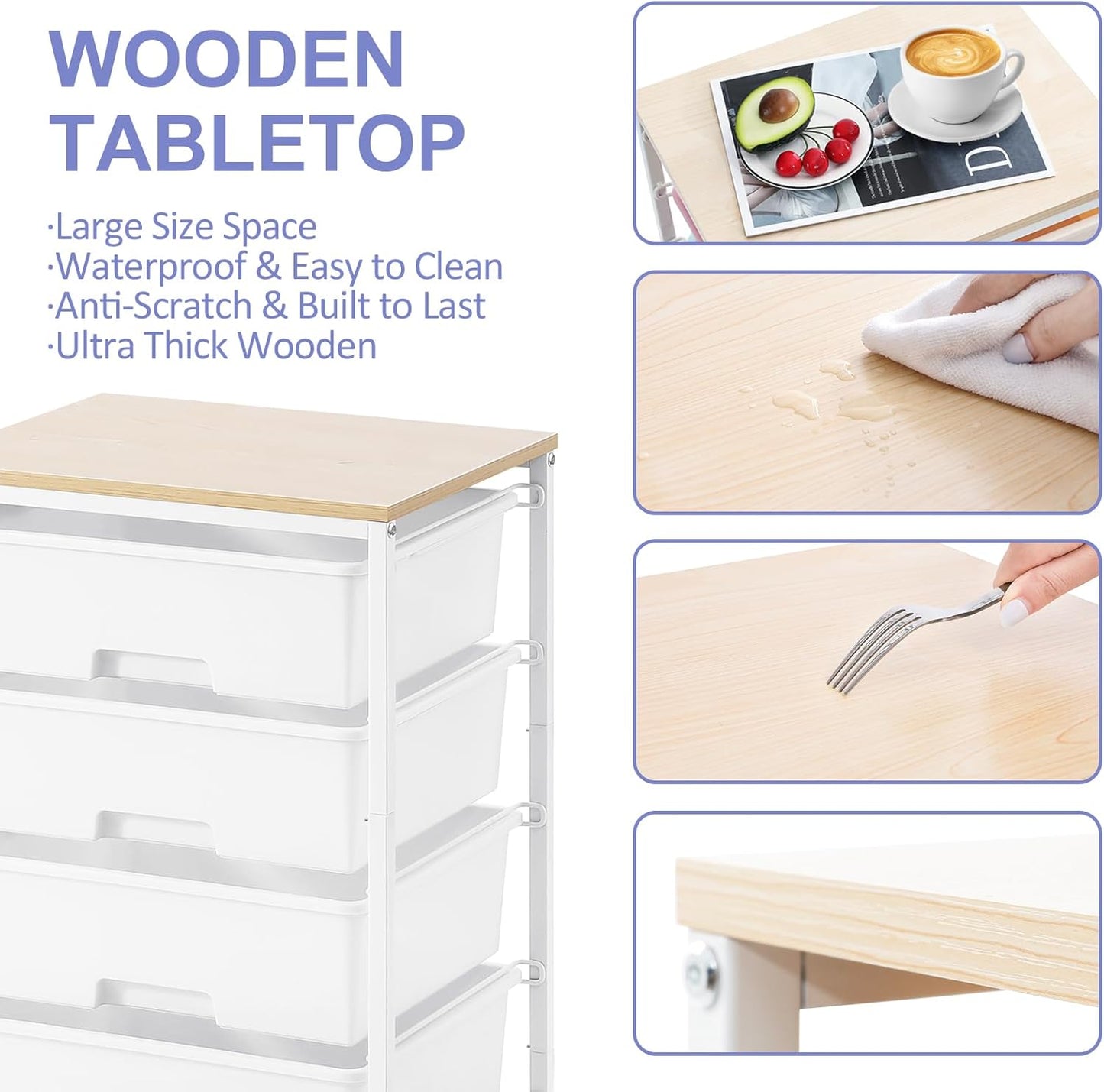 Utility Cart with 4 Drawers, Multipurpose Rolling Storage Cart with 4 Drawers and 2 Lockable Wheels, 4-Tier Rolling Storage Cart Organizer for Home Office Dorm, Bright White