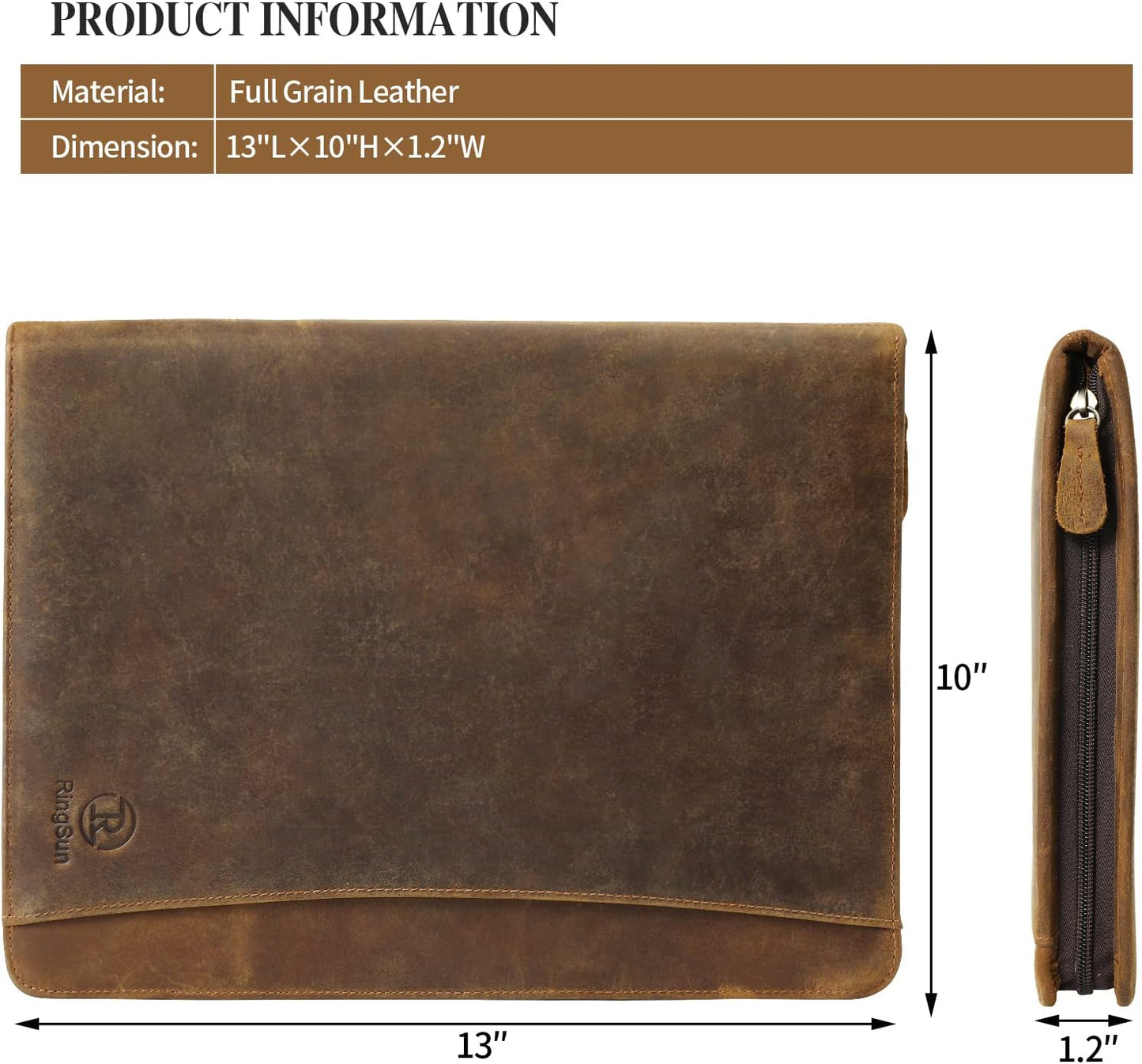 Ringsun Genuine Leather Portfolio with Zipper for Men Women, Padfolio Business Resume A4/Pad, Folder Organizer, Brown, RS01