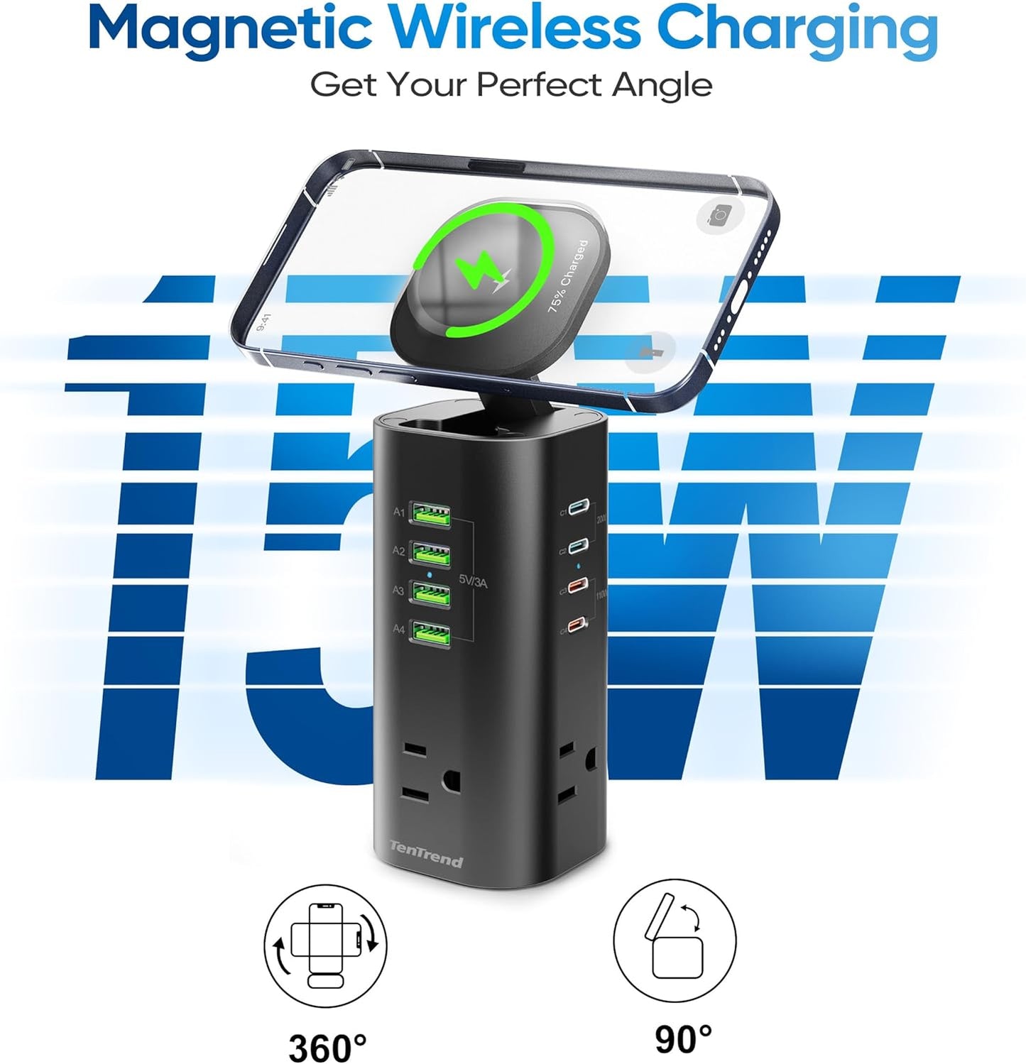 Surge Protector Power Strip Tower, TenTrend 160W Fast Charging Station with 3 AC Outlets & 8 USB Ports (4 USB-C), 5 FT Flat Plug Extension Cord with Multiple Outlets for Home Office