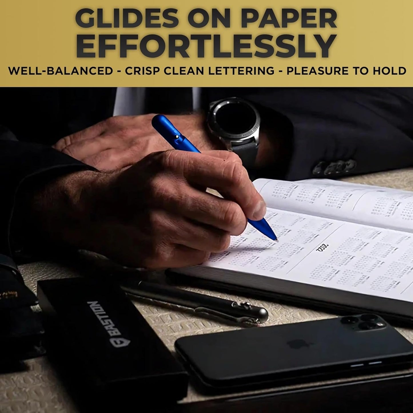 BASTION® Luxury Slim Bolt Action Pen, Lightweight Aluminum EDC Pen with Fine Tip, Professional Ballpoint Pen for School and Work - Blue