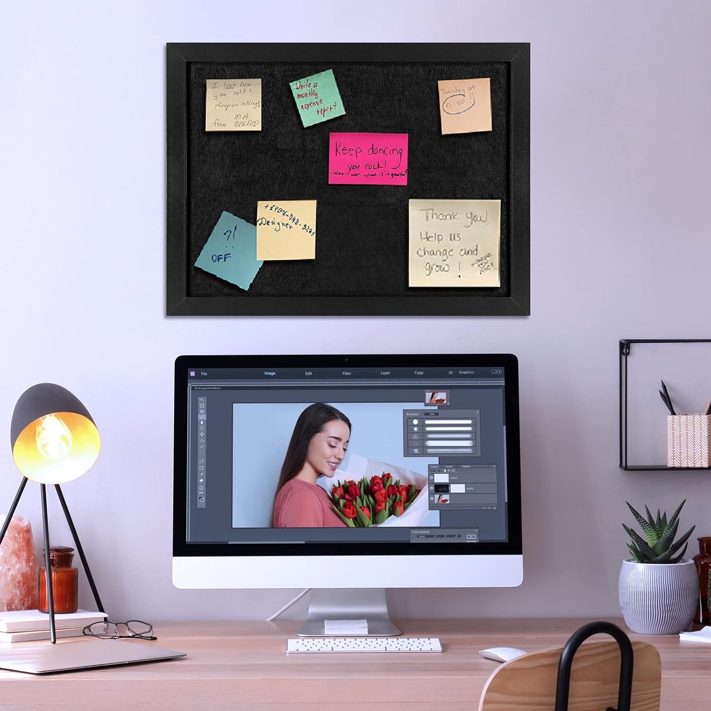 TORASO Cork Board Bulletin Board with Felt,Wood Framed Display Bulletin Board for Walls with Pins, Eye Bolts, gaskets, Screws, Pin Board for Office, School and Home(Black,1pc)