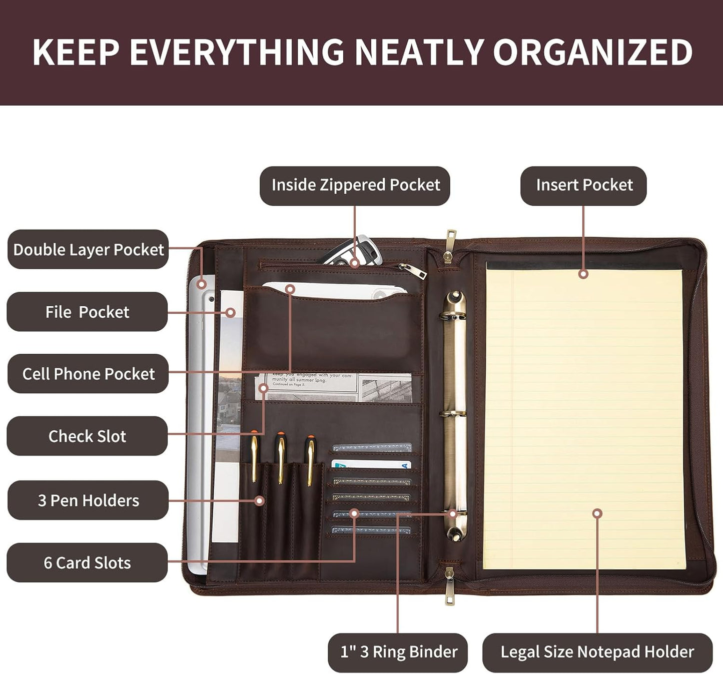 Personalized Genuine Leather 3 Ring Binder Portfolio, Custom Engraved 8.5 x 14 Legal Size Pad Padfolio, Hidden Handle, 15” Laptop Organizer, Zip Professional Business Folio, Dark Khaki