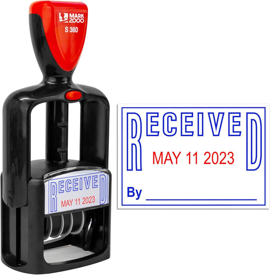 Self-Inking Rubber Date Office Stamp with Received Phrase - Blue Ink & Date Red Ink - 12-Year Band