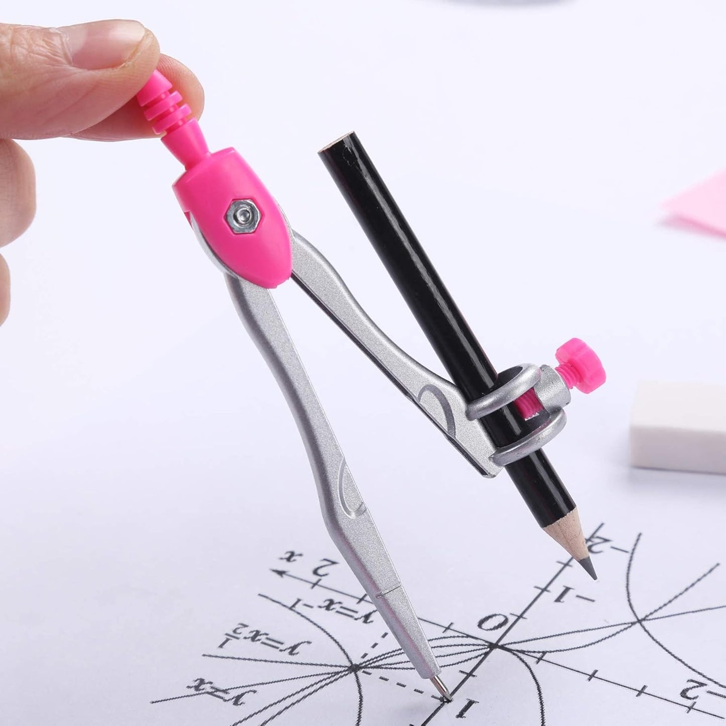Math Geometry Kit Sets 10 Piece Student Supplies with Shatterproof Storage Box,Includes Rulers,Protractor,Compass,Eraser,Pencil Sharpener,Lead Refills,Pencil,for Drafting and Drawings（Pink）
