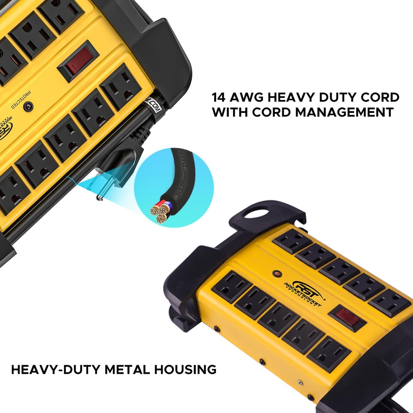 CRST 10-Outlets Heavy Duty Power Strip Metal Surge Protector with 15 Amps, 15-Foot Power Cord 2800 Joules for Garden, Kitchen, Office, School, ETL Listed(3165047) (10-Outlet, Yellow)