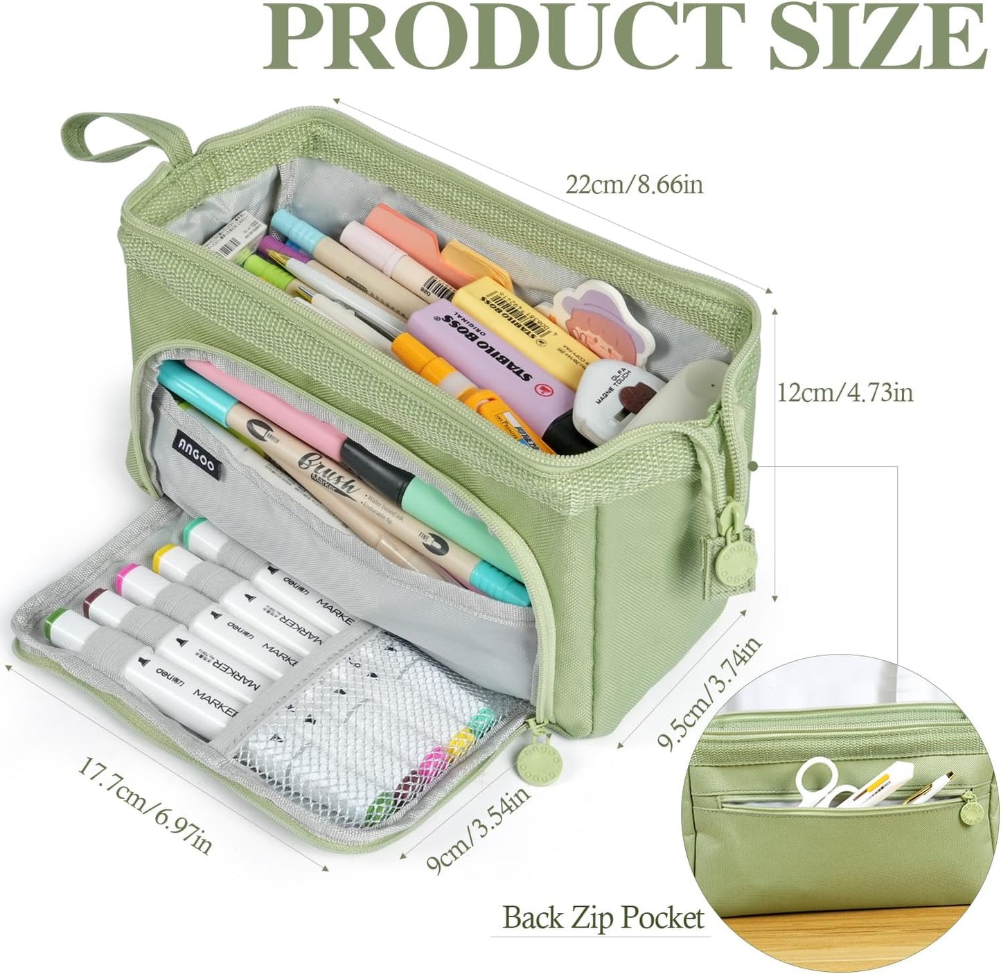 Pencil Case Pouch Large Capacity with Compartments, Pencil Case Pouch Bag with Zipper Handle for Teen Girls Boys Adults Women Men, Portable Pen Bag Stationery Organizer for Office School Travel, Green