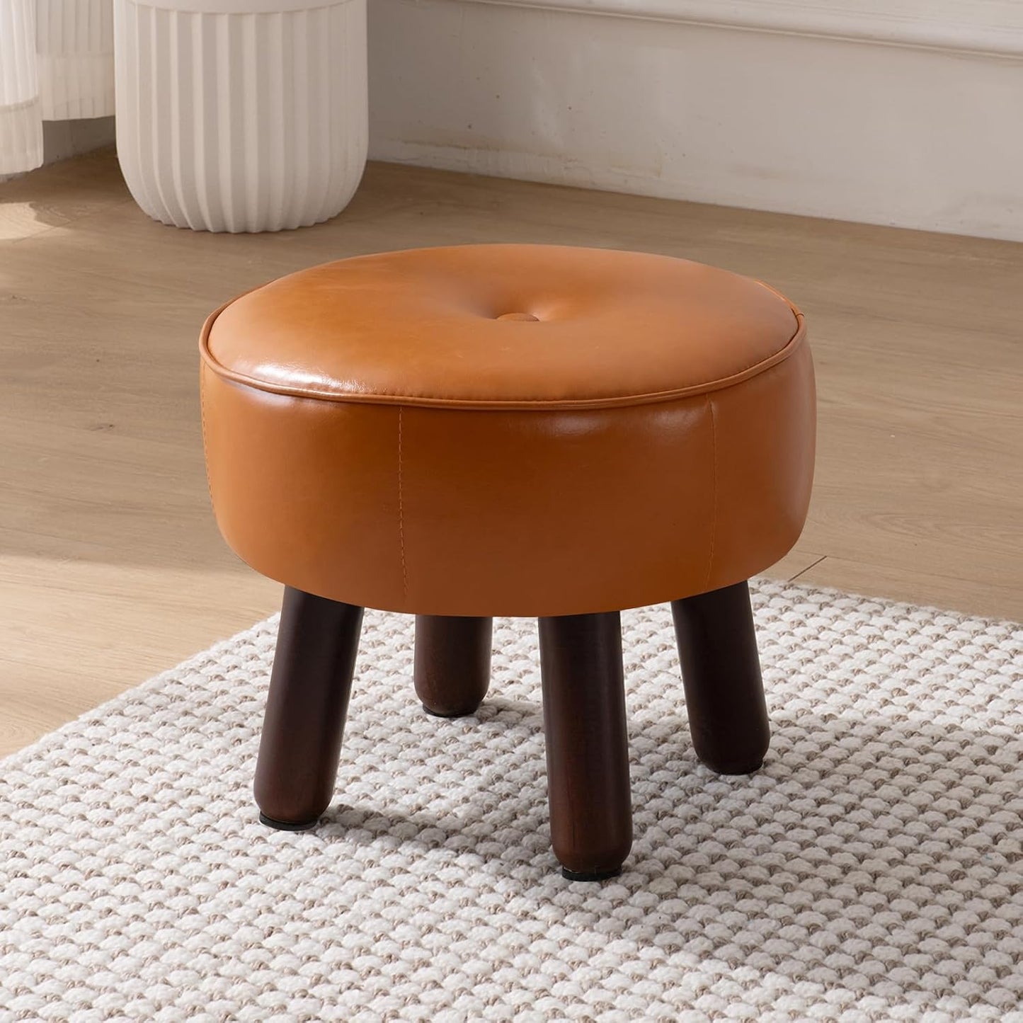 Small Foot Stool Ottoman, Round Pouf Foot Rest, Footstool Ottomans with Rubber Legs Under Desk, Faux Leather Footrest for Couch, Living Room, Bedroom, Hallway, Office, 13''L x 13''W x 10.2''H