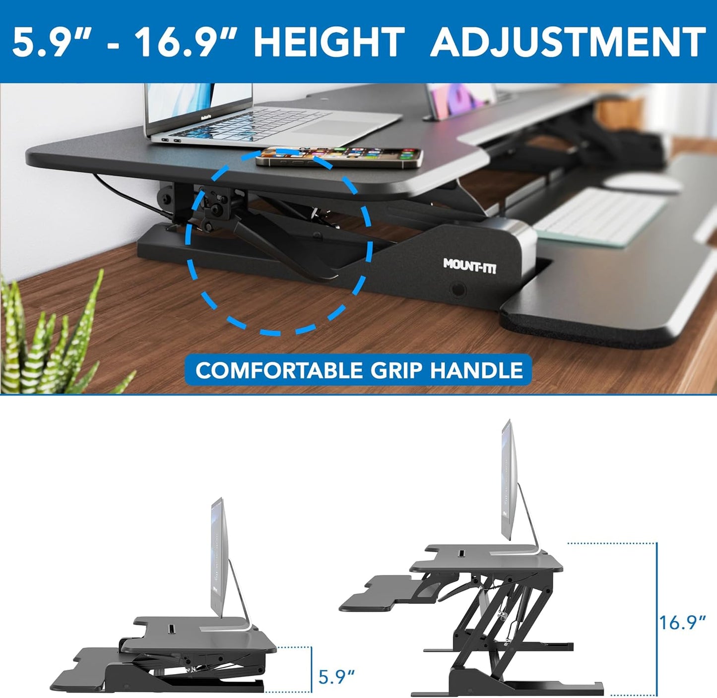 Mount-It! 47" Standing Desk Converter, Large Wide Tabletop Height Adjustable Desk Riser with Gas Spring, Desktop Sit Stand Up Desk with Keyboard Tray Fits 2 Monitors or Monitor and Laptop, Black