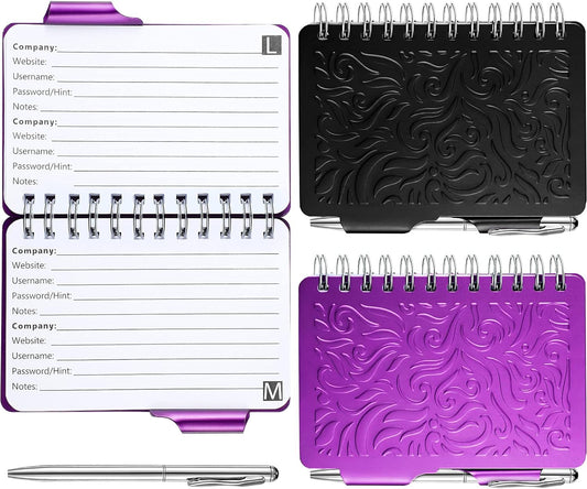Zonon 2 Pcs Mini Password Book with Alphabetical Tabs Metal Password Keeper Book Portable Organizer Elegant Mandala Pattern Notebook with Pen, Spiral Bound for Information(Black, Purple)
